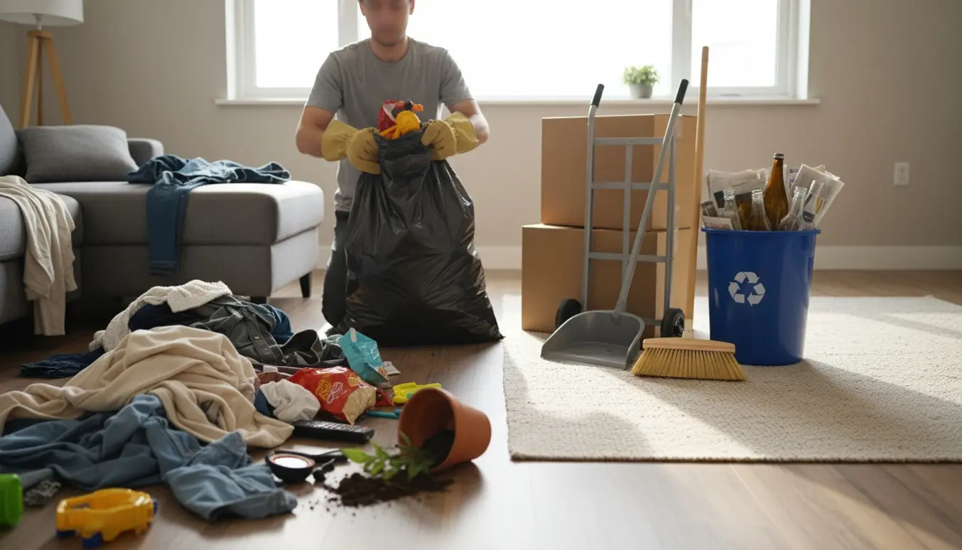 Person set bagfra pakker rod i sorte sække i en solfyldt stue.