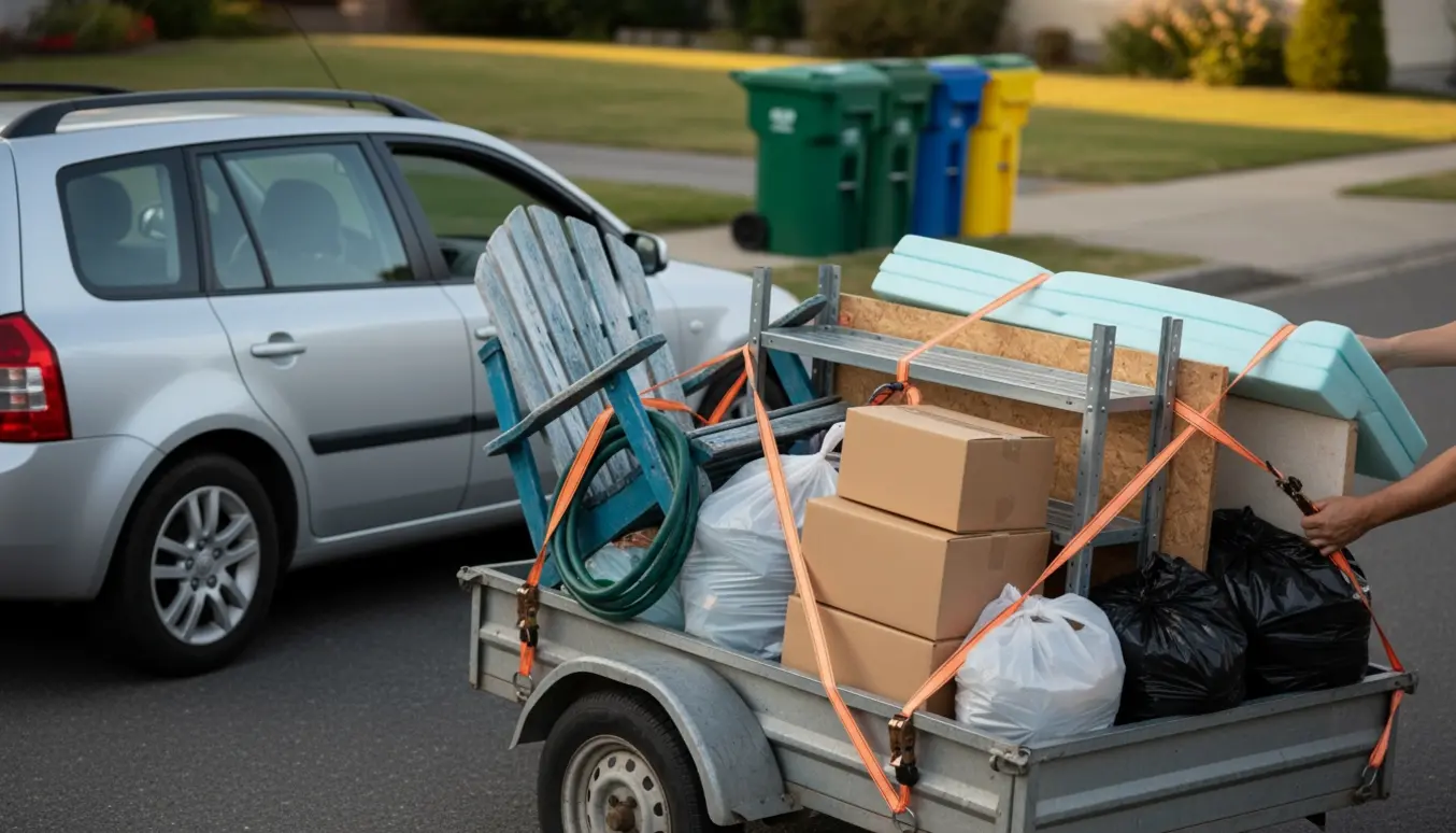 Stationcar med et læs af skur- og husaffald på trailer, klar til aflevering på genbrugspladsen.