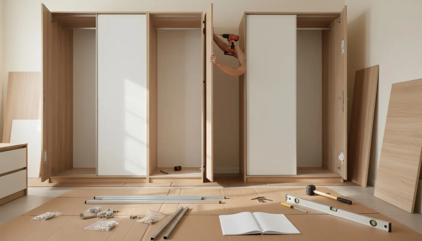 Tre PAX-garderobeskabe monteres side om side i et lyst soveværelse med værktøj og paneler på gulvet.