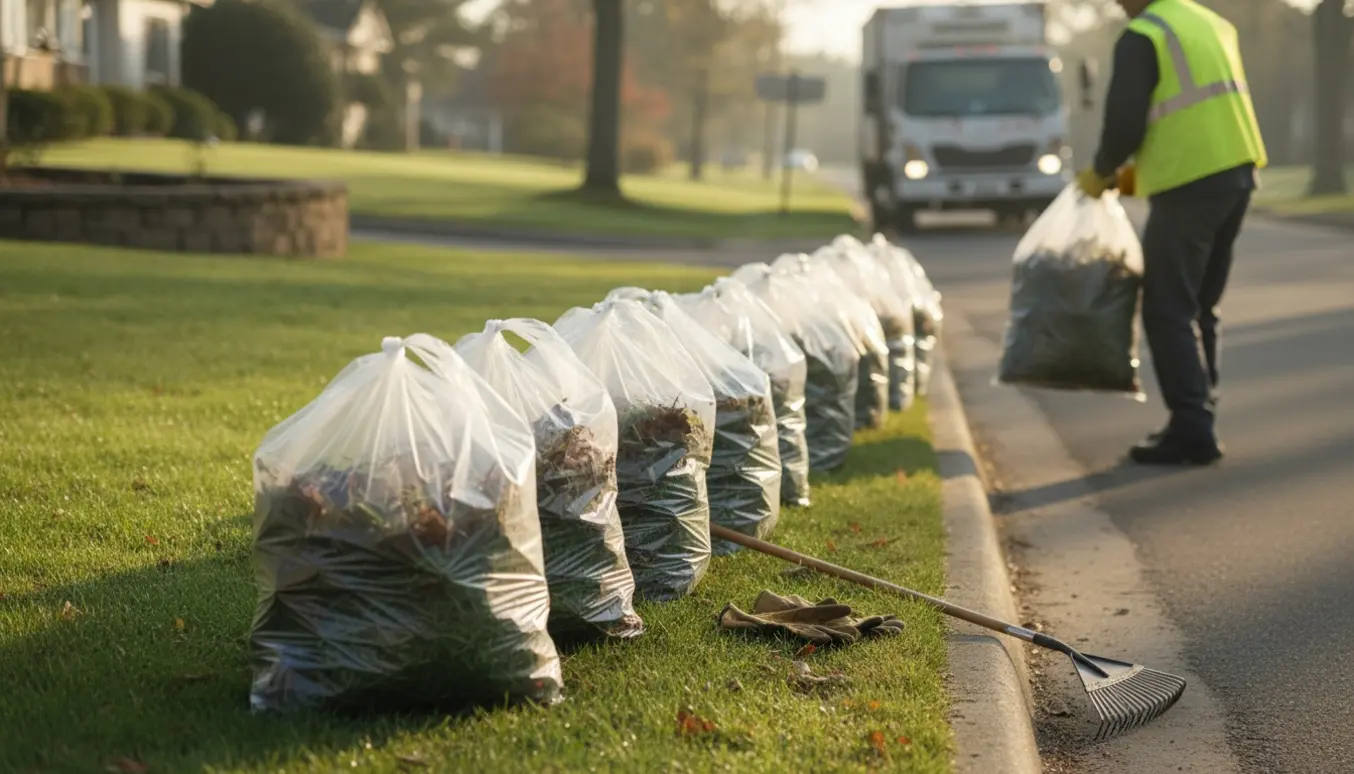 Elleve gennemsigtige sække fyldt med haveaffald stillet ved vejkanten klar til afhentning.