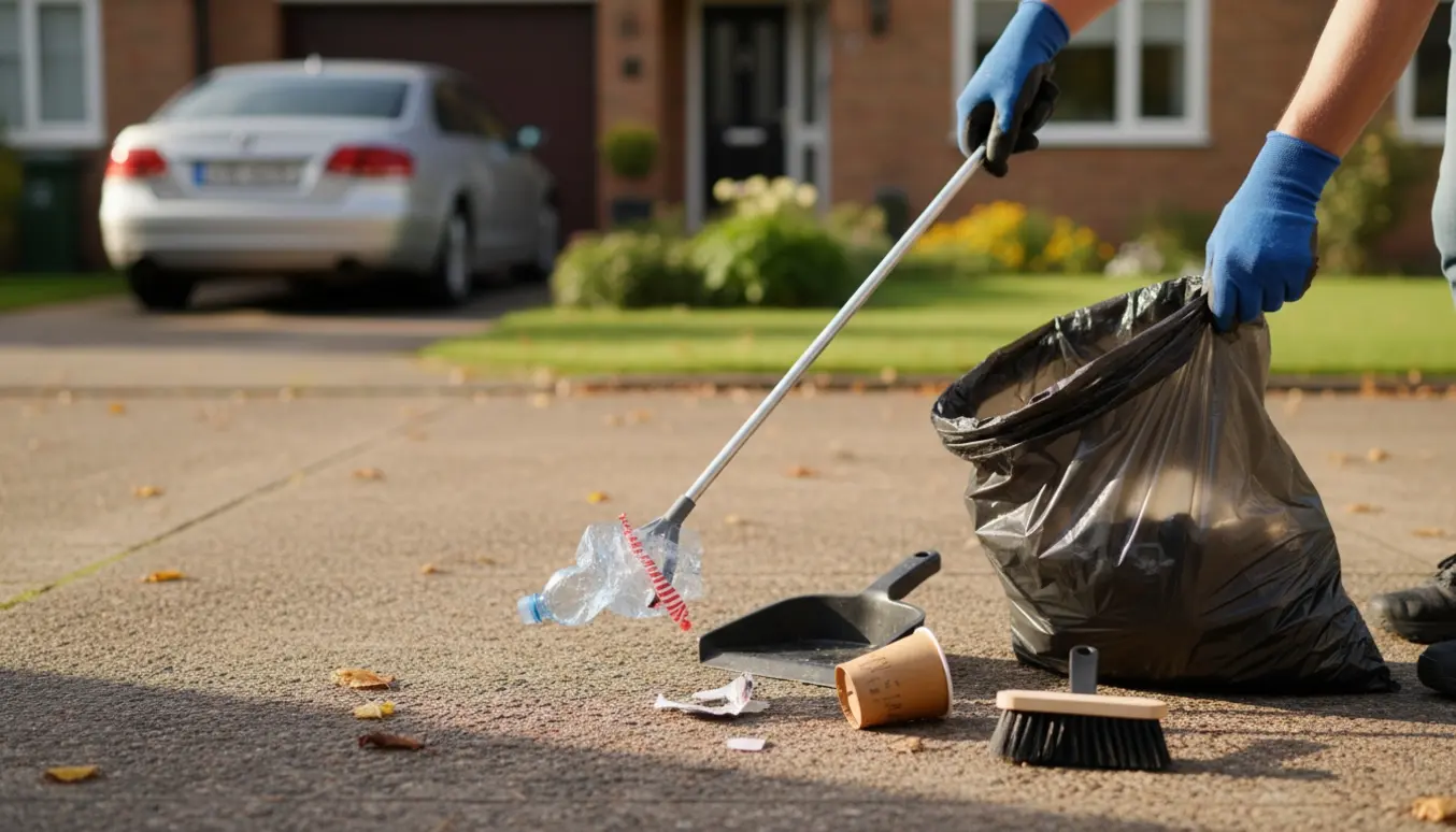 Hænder i handsker bruger en skraldetang til at samle affald i en åben sæk ved en indkørsel.