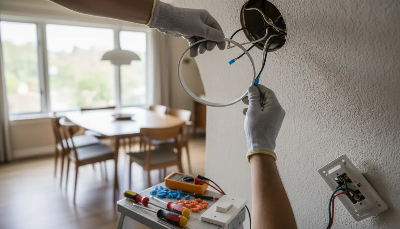 Hænder monterer en LED-pendel i en spisestue med åben elinstallation og værktøj i forgrunden.