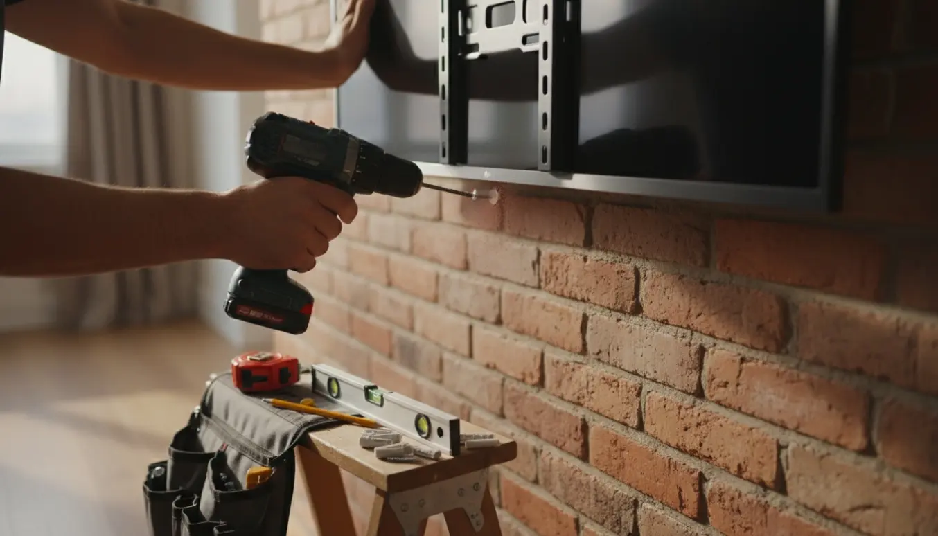 Hænder monterer et fladskærms-TV på en murstensvæg med vægbeslag, skruer og rawlplugs synlige.