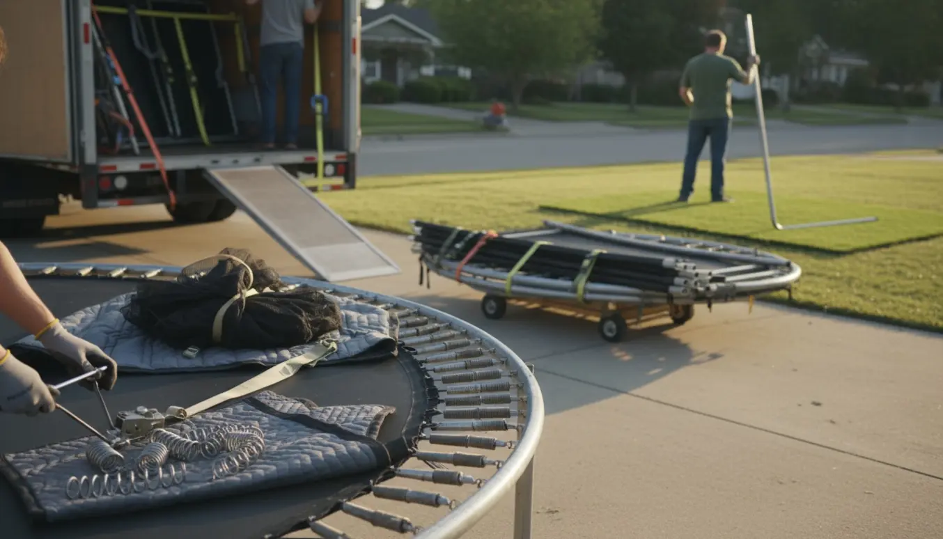 Hænder i arbejdshandsker afmonterer fjeder fra en stor rund trampolin under indlæsning til flyttebil.
