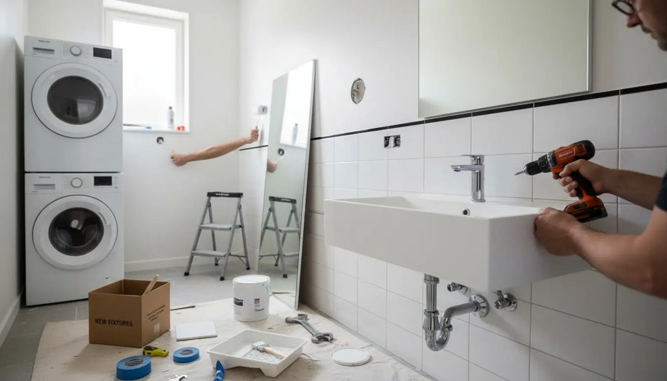 Lille badeværelse under renovering med ny håndvask ved montering, malerudstyr og vaskemaskine midlertidigt i naborum.