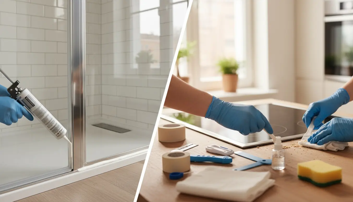 Hænder på arbejde med at fjerne og lægge ny silikonefuge i brusekabine og ved kogeplade.