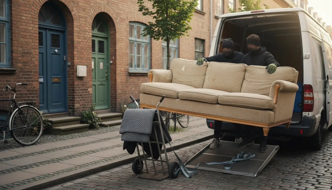 To flyttemænd løfter en slidt sofa ind i en varevogn på en stille Nørrebro-gade.