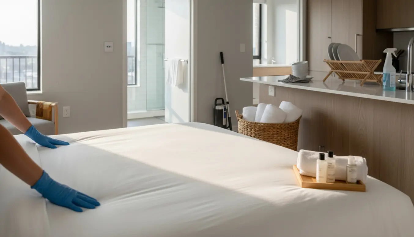 Rengøringsperson glatter rent linned i en lys, moderne Airbnb-lejlighed med foldede håndklæder og rengøringsudstyr.