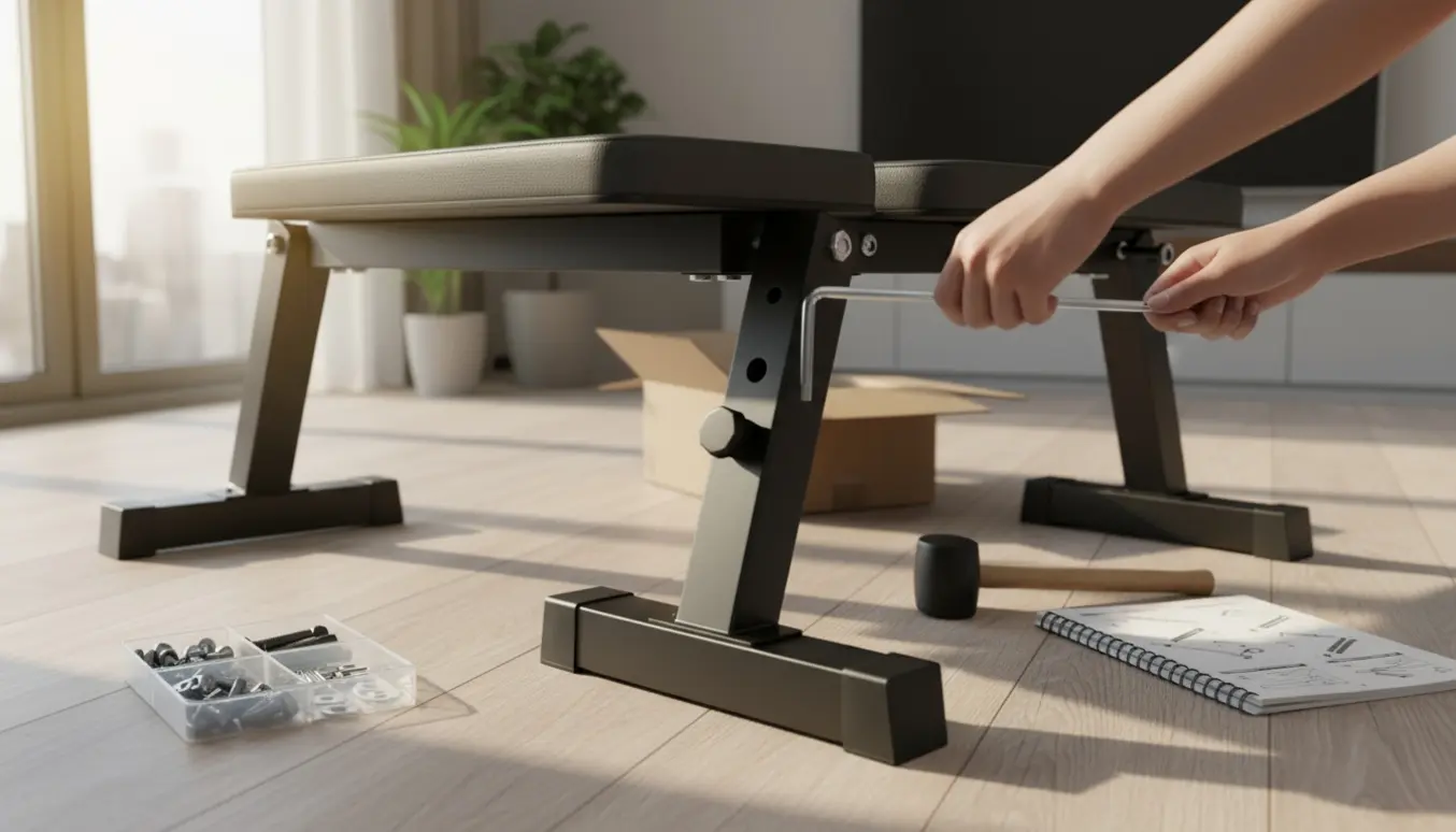 Halvfærdig træningsbænk på gulvet med værktøj og hænder, der spænder en bolt.