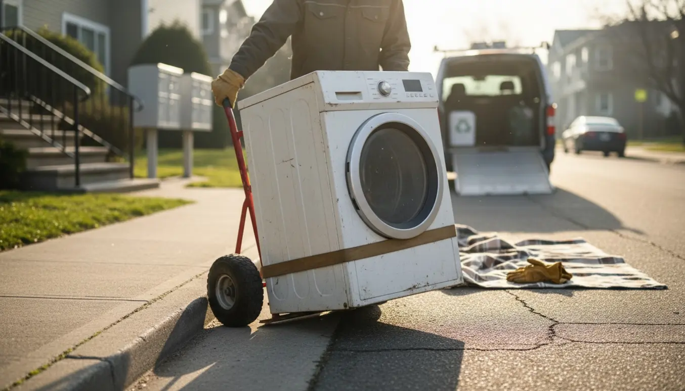 Tørretumbler på sækkevogn ved fortovet klar til afhentning og skrotning.