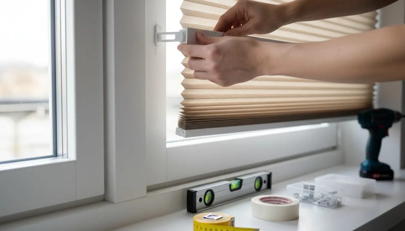 Nærbillede af hænder, der monterer et plisségardin med klæbemontering i en lys, skandinavisk vinduesramme.