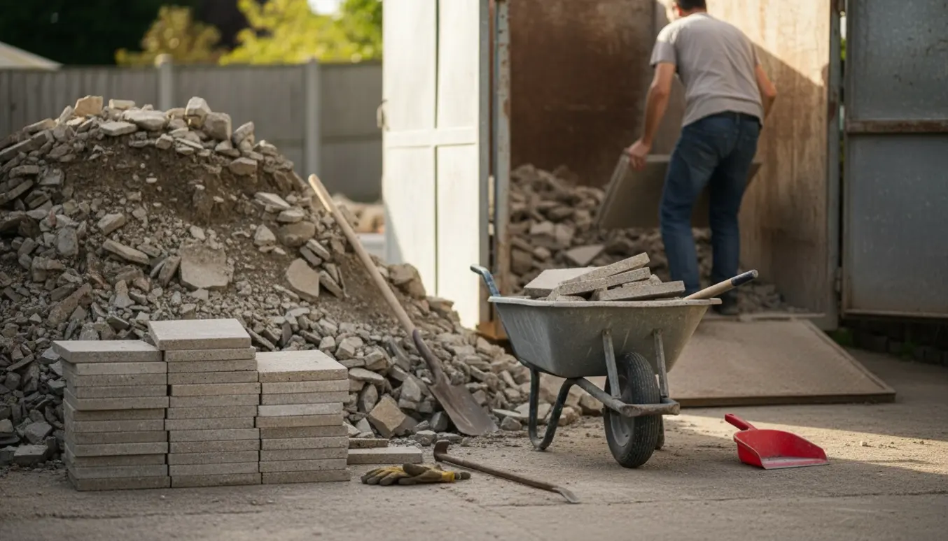 Stablede fliser og en stor bunke sten ved indkørsel klar til bortskaffelse med trillebør og skovl.