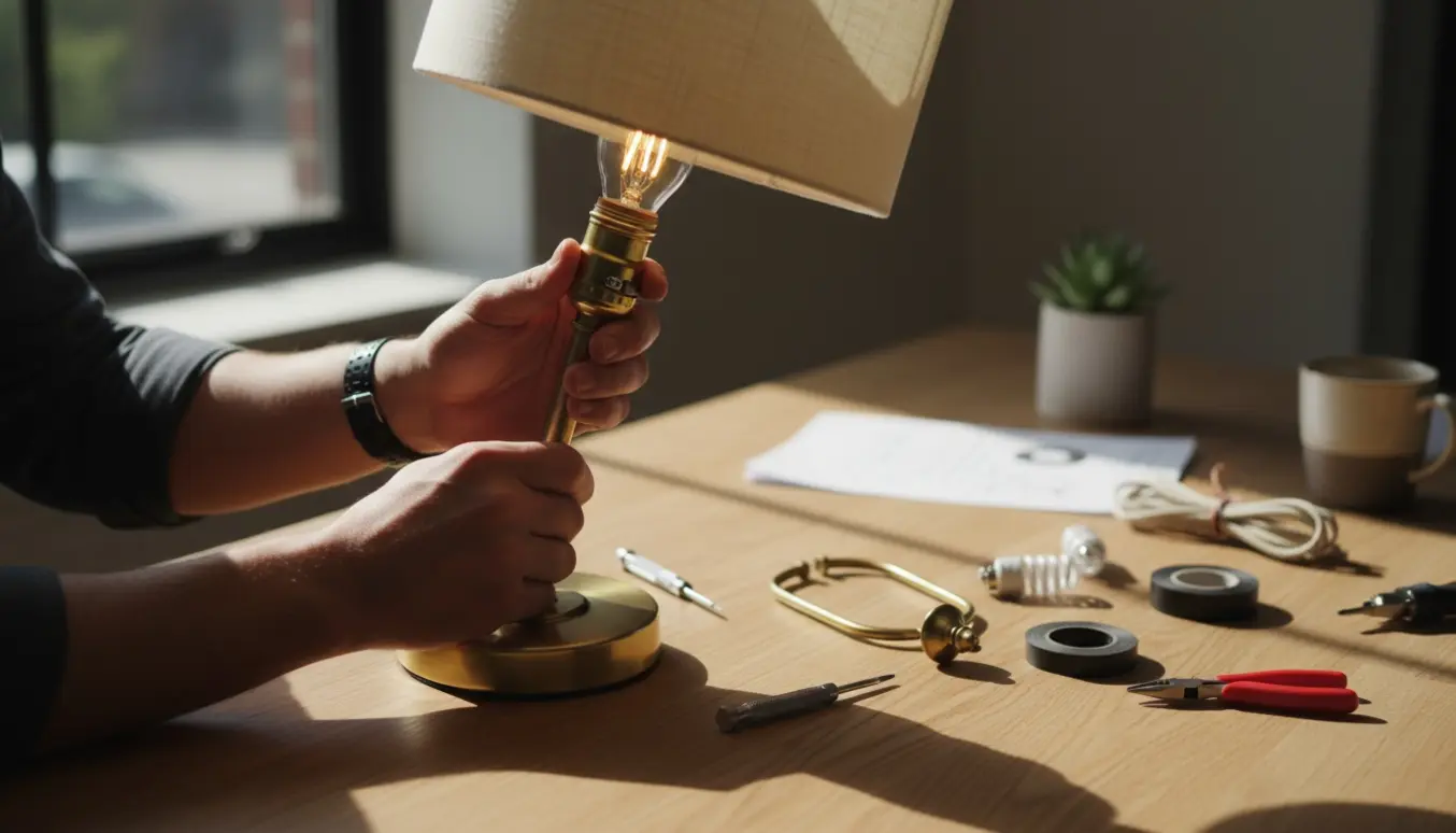 Hænder samler en bordlampe med skruetrækker og reservedele på et træbord i et solbelyst rum.
