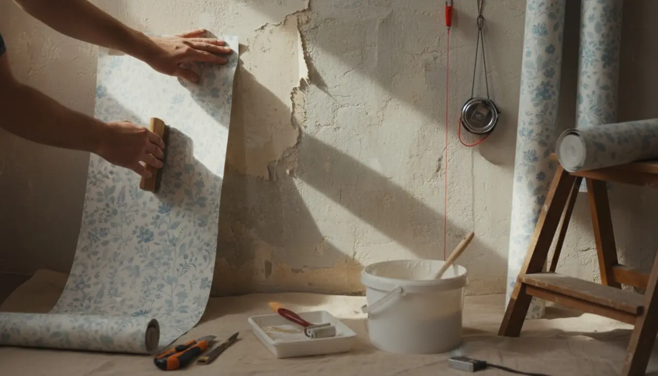 Hænder sætter nyt tapet op på en lille væg med tapetværktøj i naturligt dagslys.