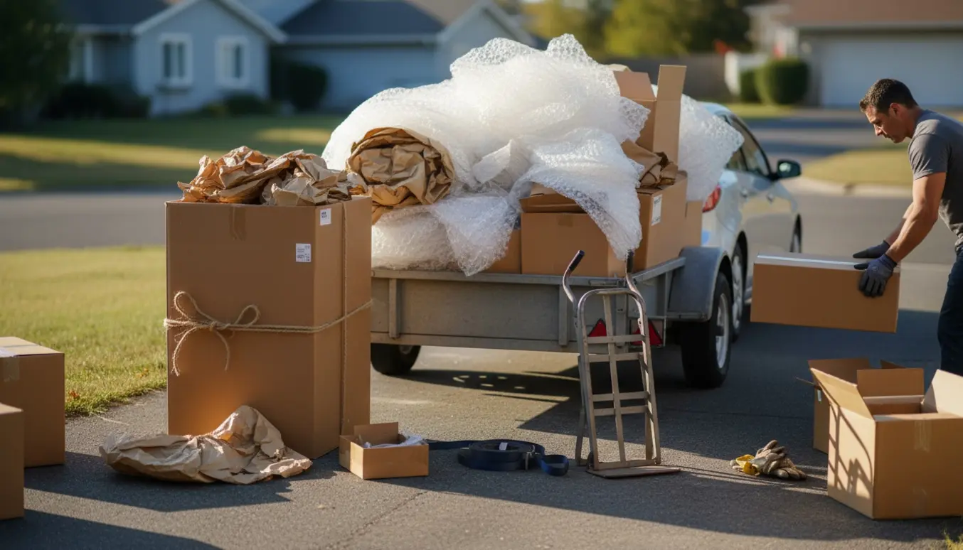 Trailer fyldt med sammenklappede flyttekasser og værktøj klar til bortkørsel.