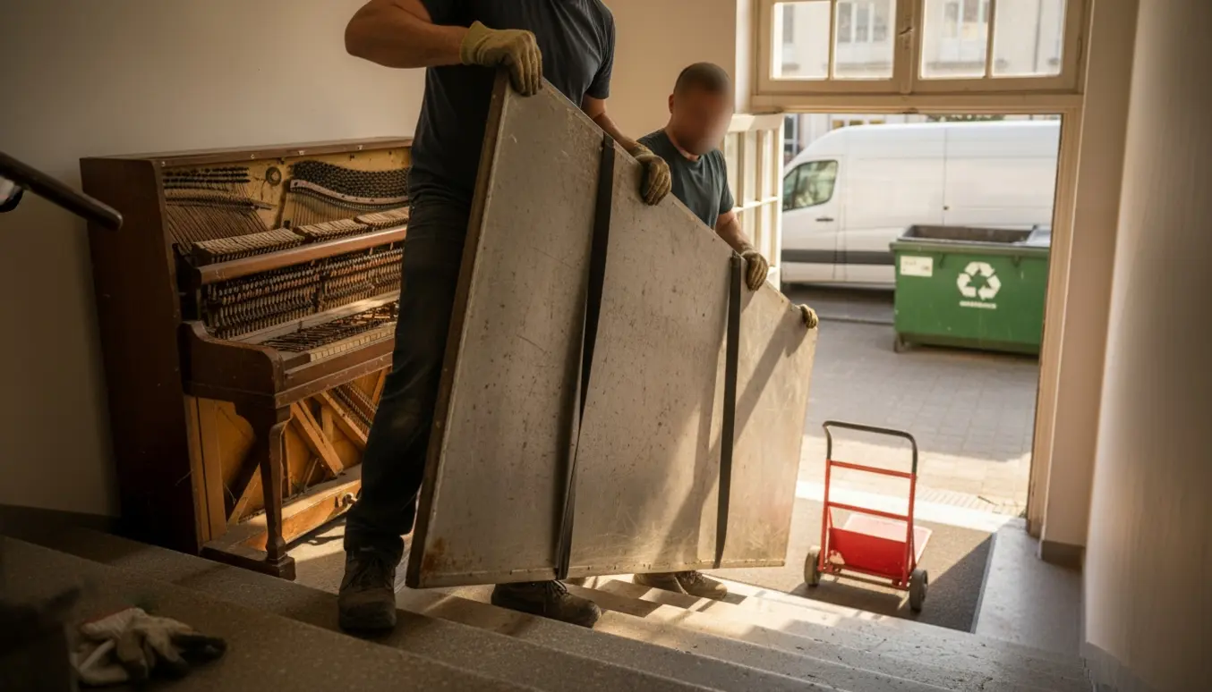 To personer bærer en tung metalplade fra et gammelt klaver ned ad en trappe mod en uidentificeret genbrugscontainer.