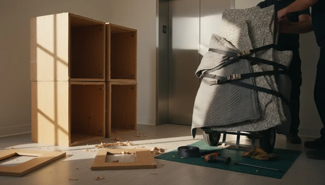 Nedtagne køkkenelementer og ødelagt granitbordplade på en flyttevogn foran en åben elevator i en opgang.