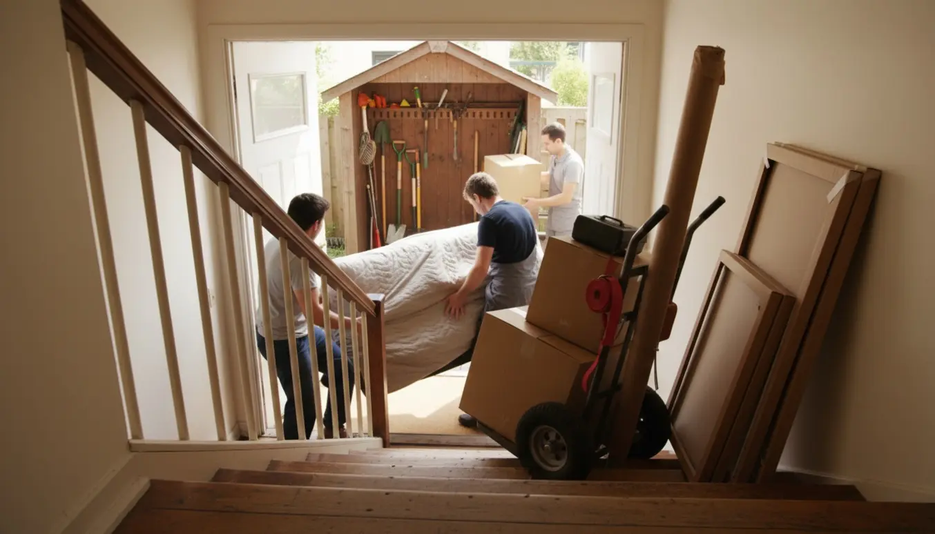 Flyttefolk bærer adskilte sofadelene ned ad en solbelyst opgang mens flyttekasser og et åbent skur venter i baggrunden.