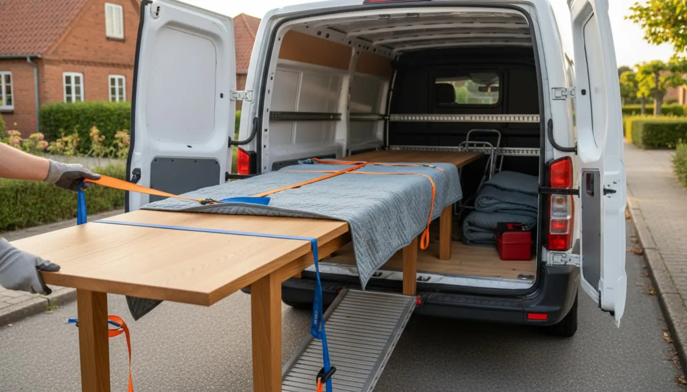 Et langt træbord pakkes og læsses ind i en hvid varebil på en stille villavej.