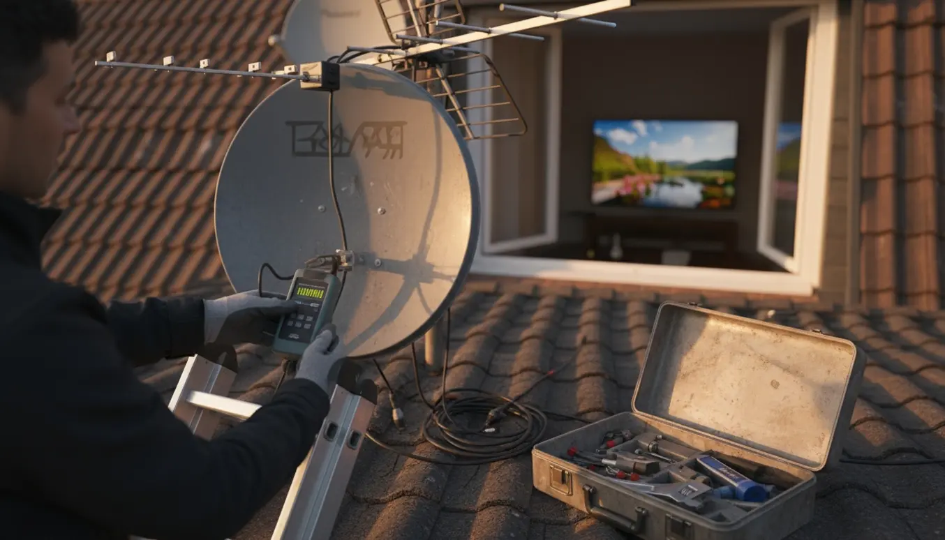 Tekniker justerer parabolantenne på taget for at forbedre tv-signalet.
