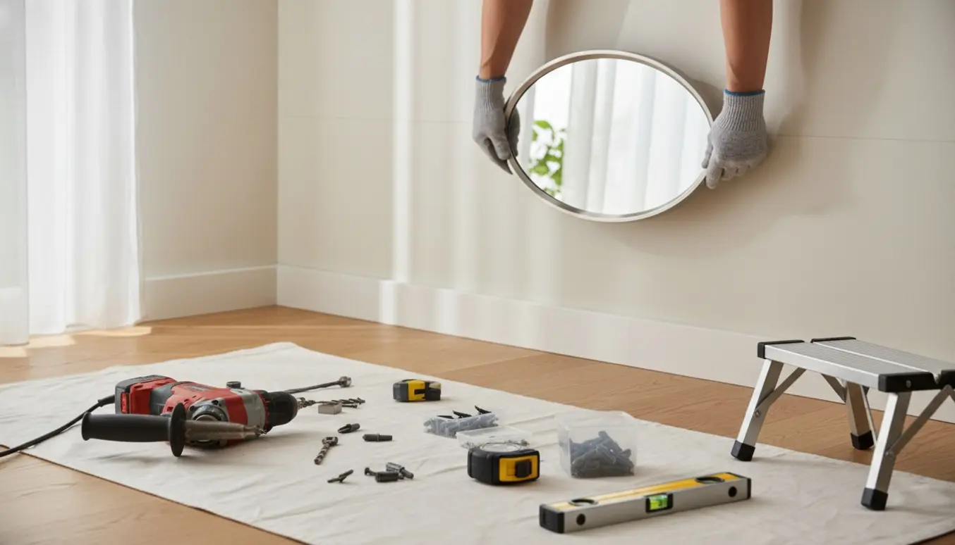 Hænder holder et lille spejl op mod en væg med en slagboremaskine, plugs og skruer ved siden af.