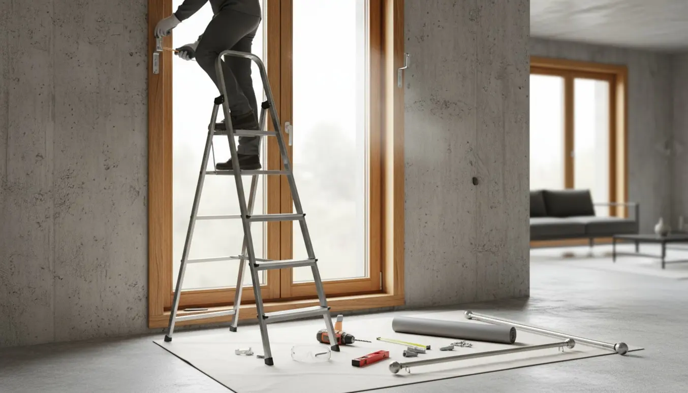Hænder monterer rullegardin og gardinstang ved et højt vindue med trækarm og betonvæg, værktøj og materialer på en stige.