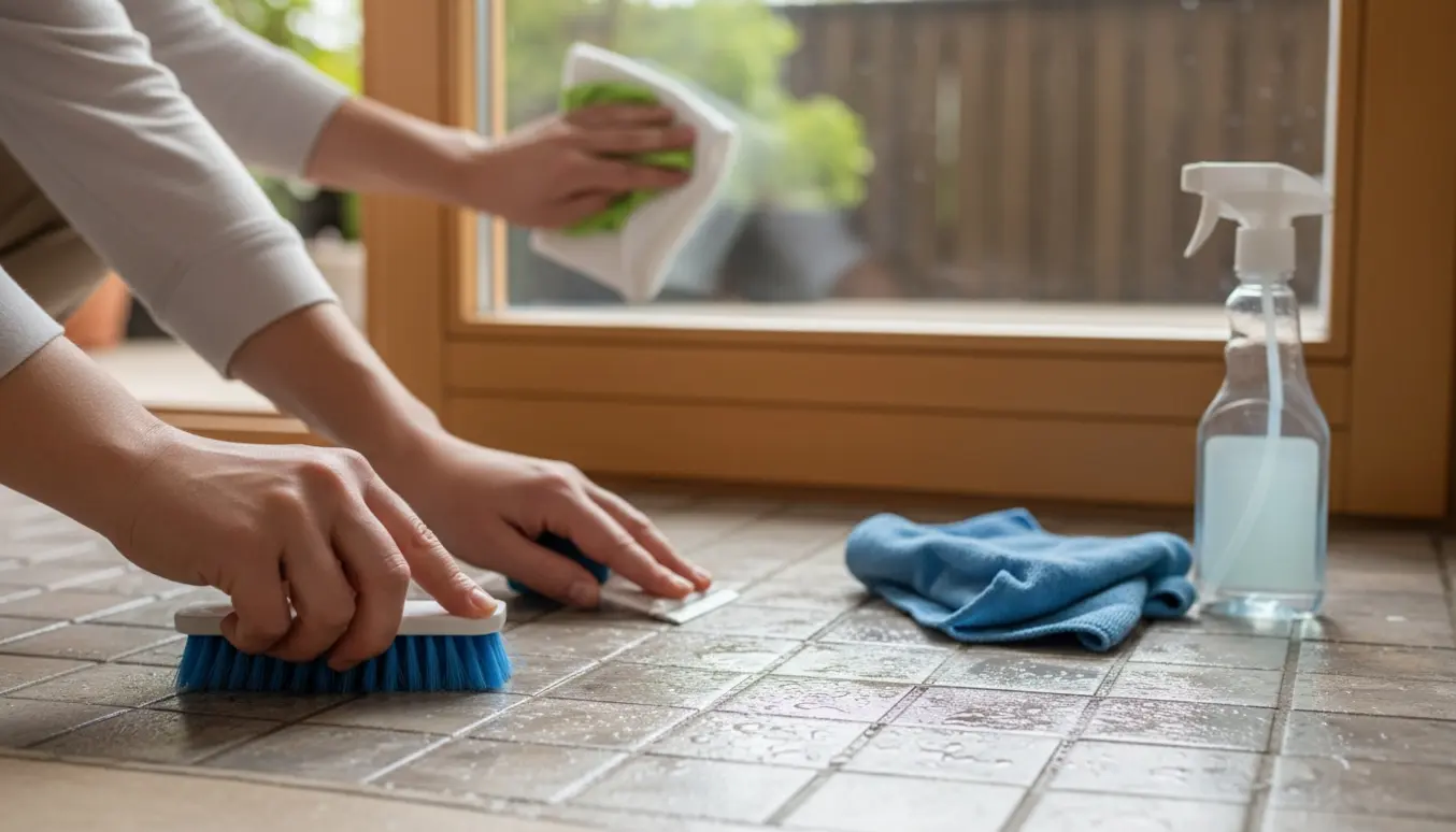 Hænder afkalker små kvadratiske fliser og tørrer en terrassedør af med mikrofiber i blødt dagslys.