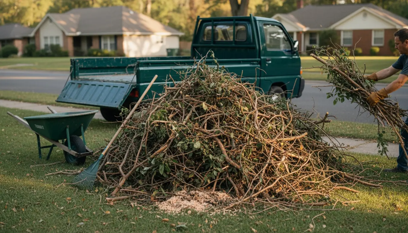 Løs bunke smågrene ved vejkant klar til afhentning ved åben varebil.