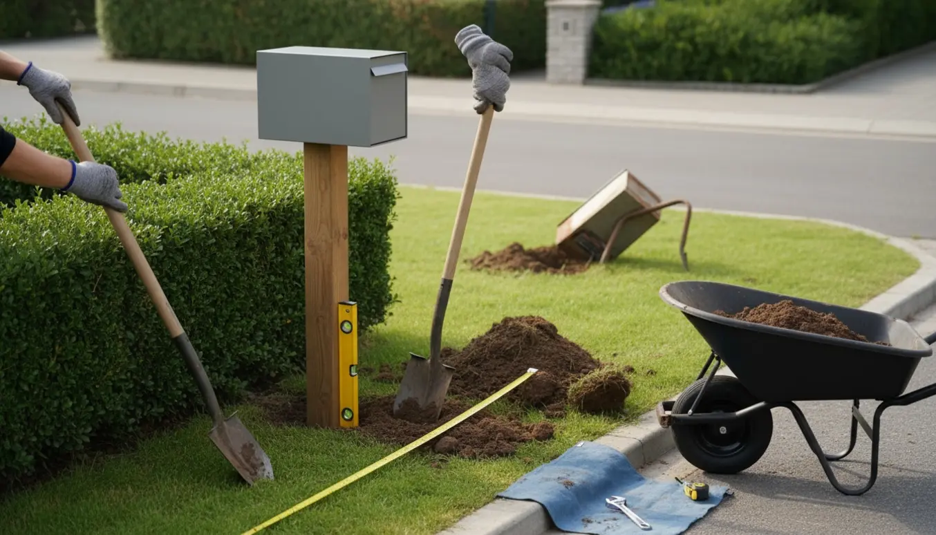 Ny pakkepostkasse ved hækken mens den gamle graves op ved vejkanten.