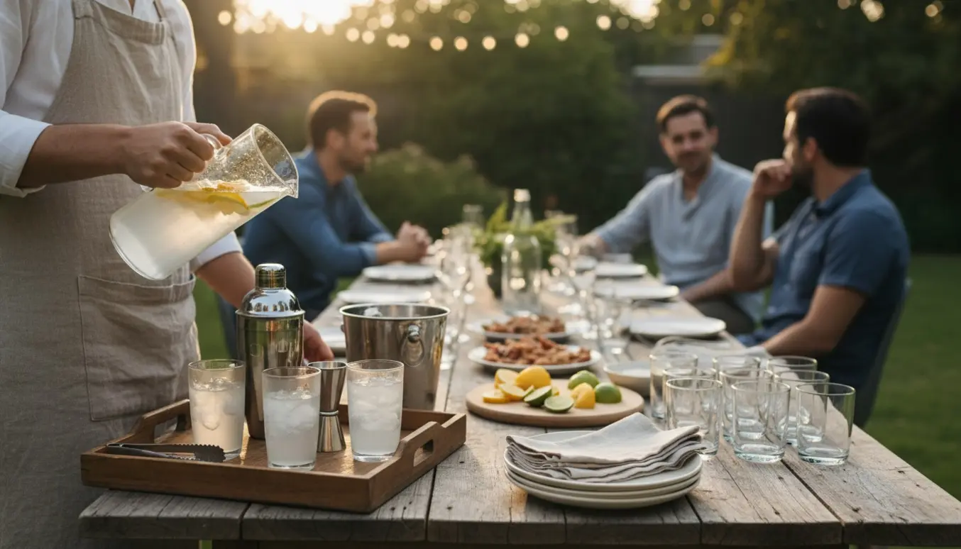Hjælper serverer drinks og genopfylder glas ved en afslappet havefest i gyldent eftermiddagslys.