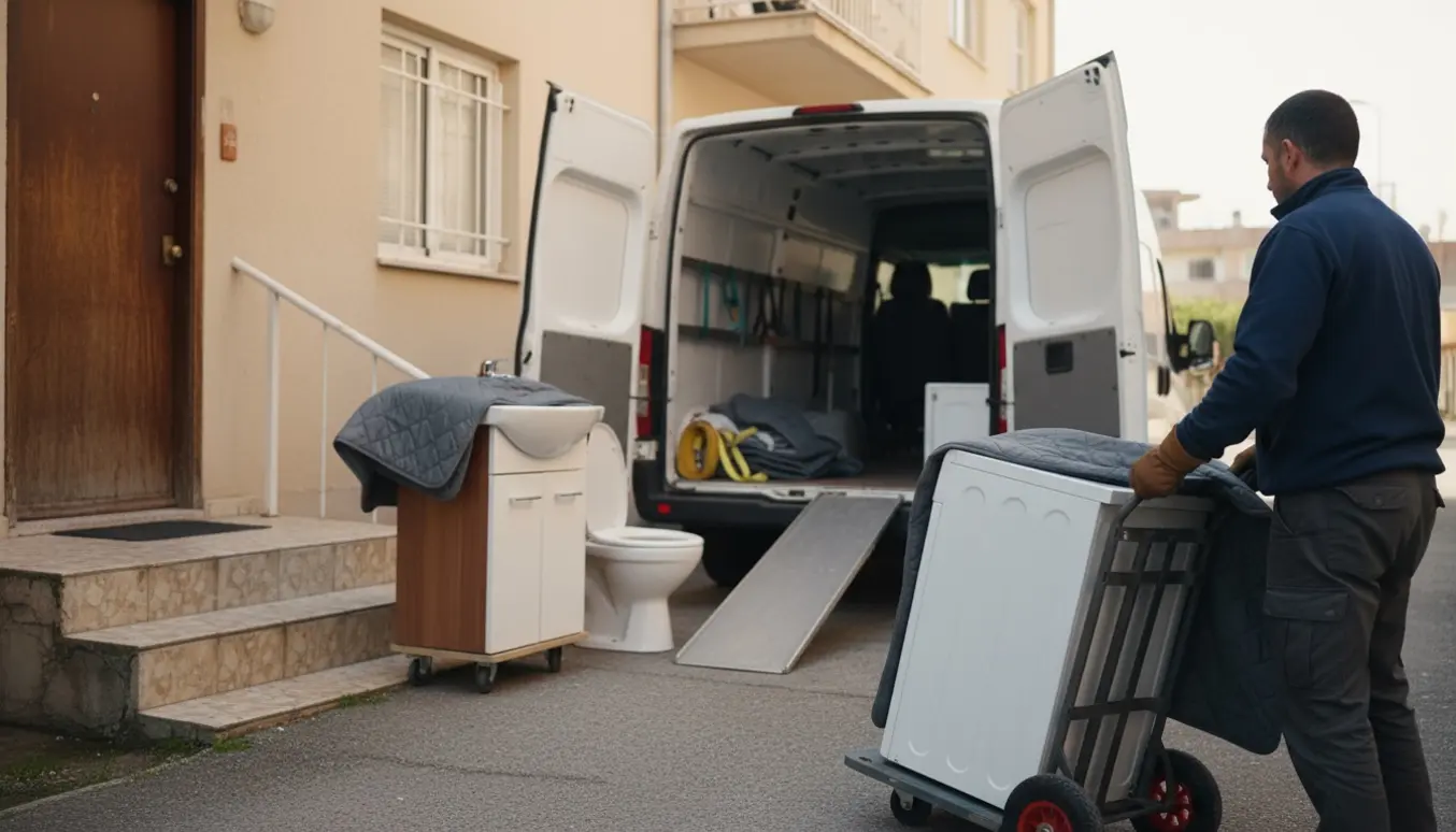 Lastning af vaskemaskine, toilet og toiletskab i en varevogn ved en lejlighed med kort trappe.