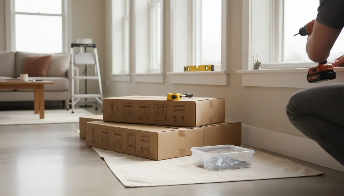 Person monterer fire hvide rullegardiner ved en række vinduer med værktøj og pakker ved siden af.