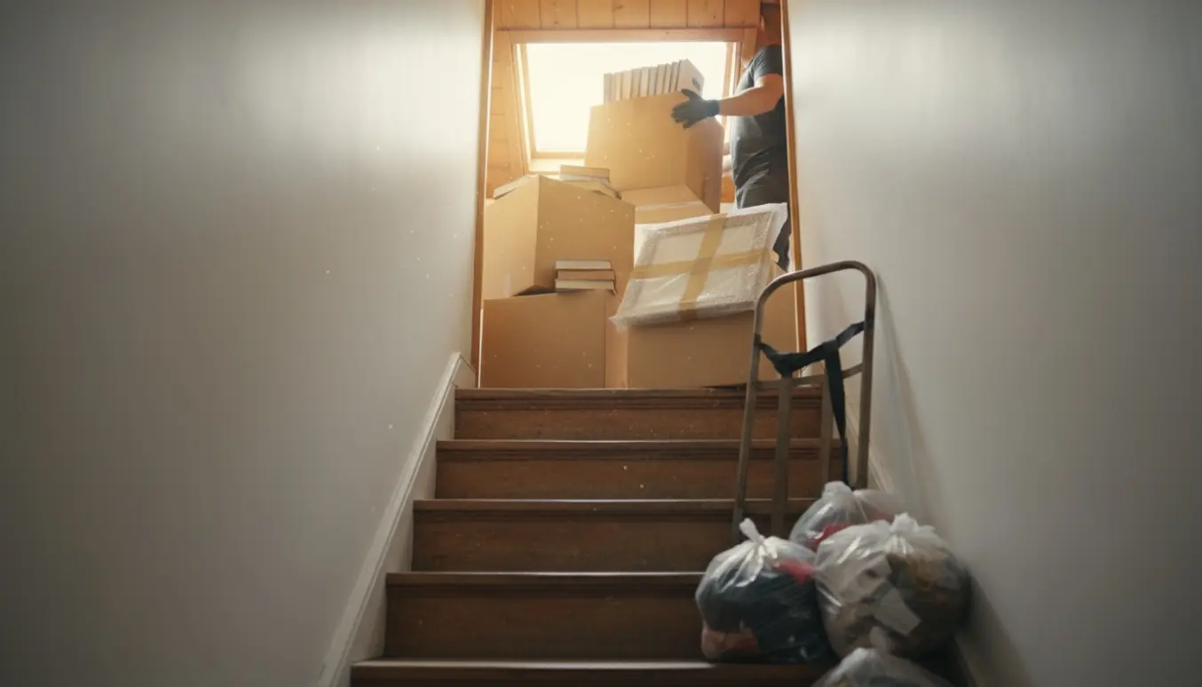 Flyttekasser fyldt med bøger ved en åben loftsluge og fire genbrugsposer på en trappeopgang.