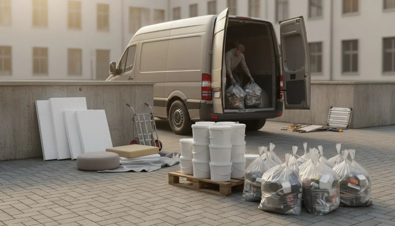 Klargjorte sække, malerbøtter, flamingo, en tynd madras og en puf ved en åben varevogn i gården klar til at blive kørt på lossepladsen.