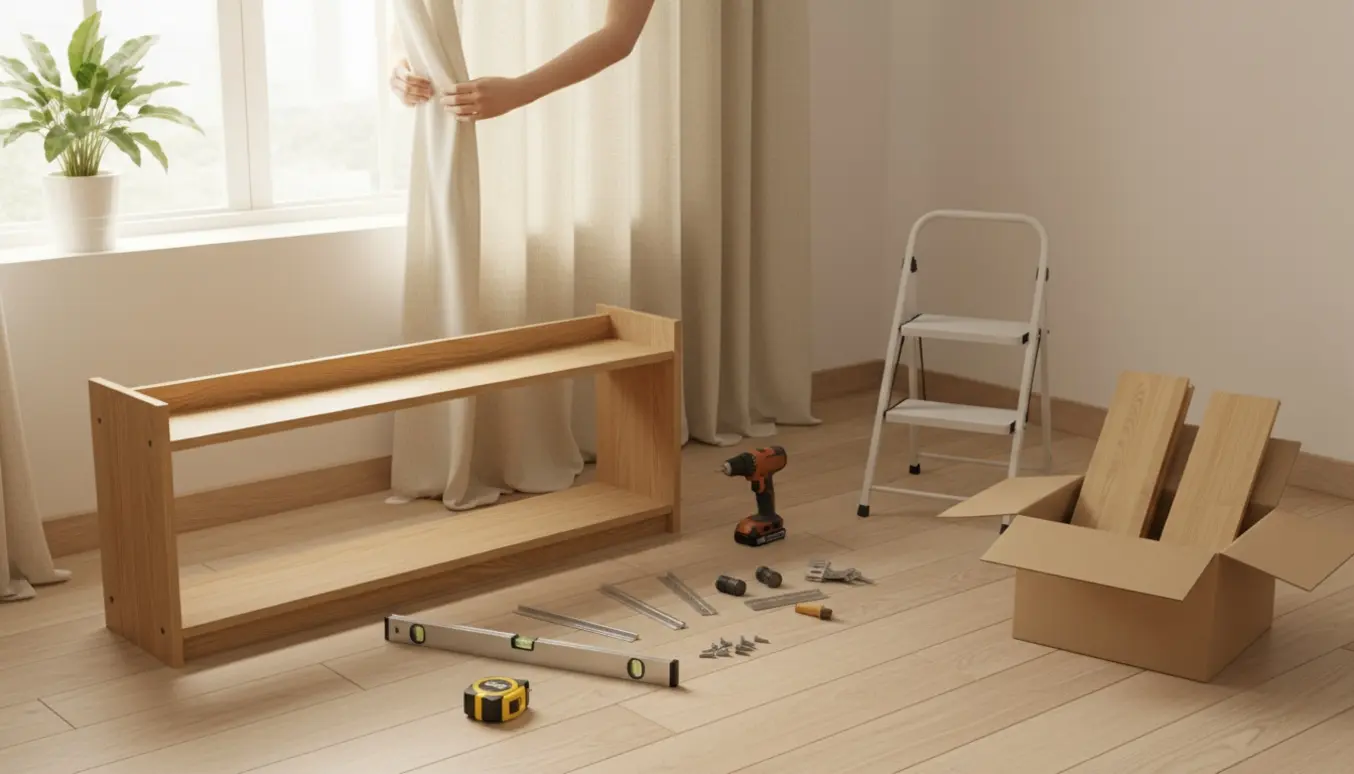 Hænder justerer gardin ved et vindue med delvist samlet reol og værktøj i et lyst hjem.