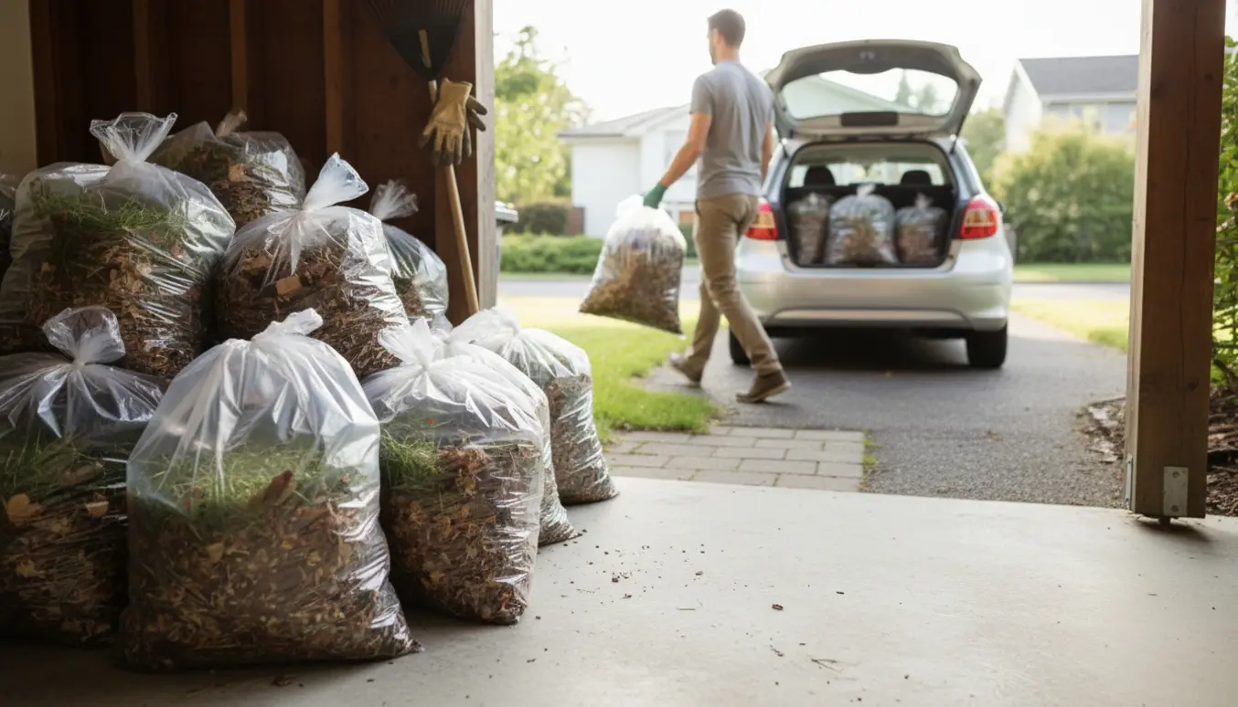 Gennemsigtige sække med haveaffald i en carport, og en person bærer en sæk mod en åben bil.