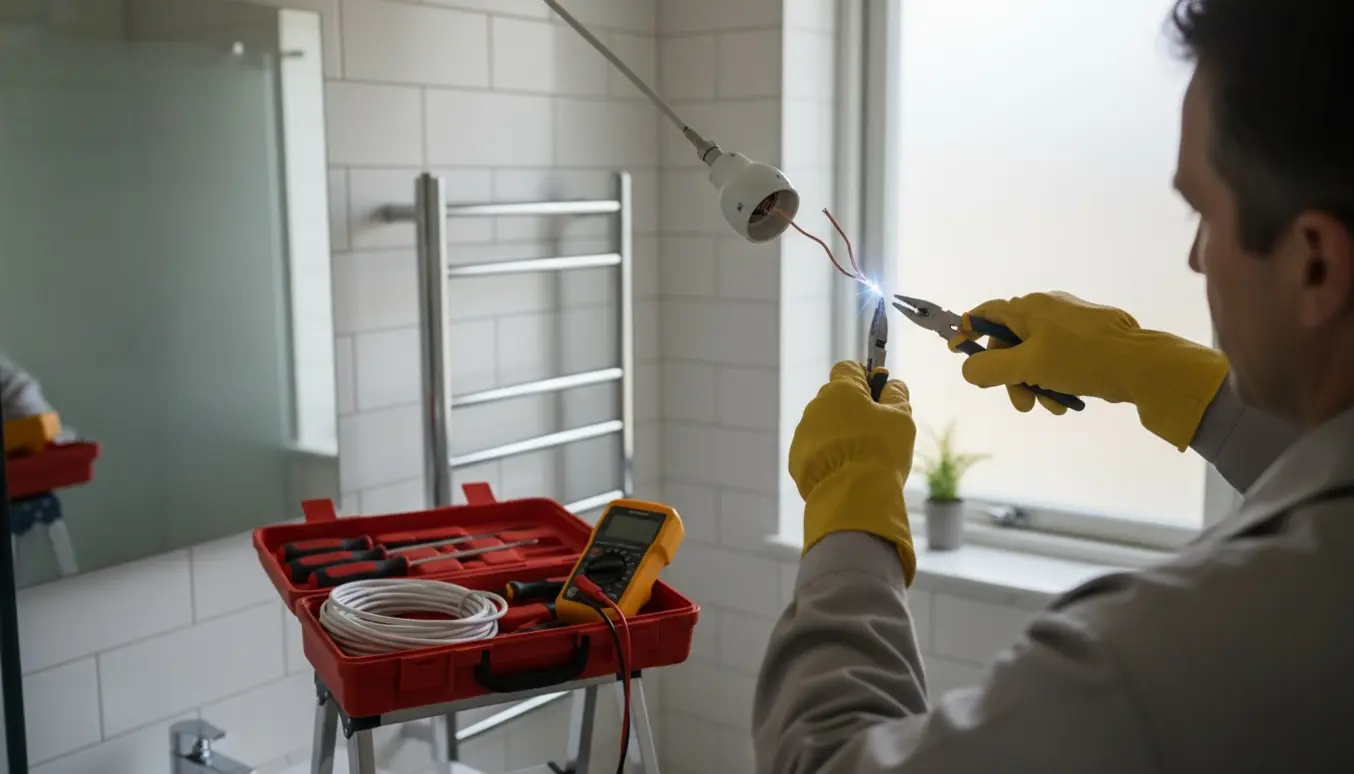 En elektriker med handsker reparerer et gnistrende lampeudtag i et moderne badeværelse.