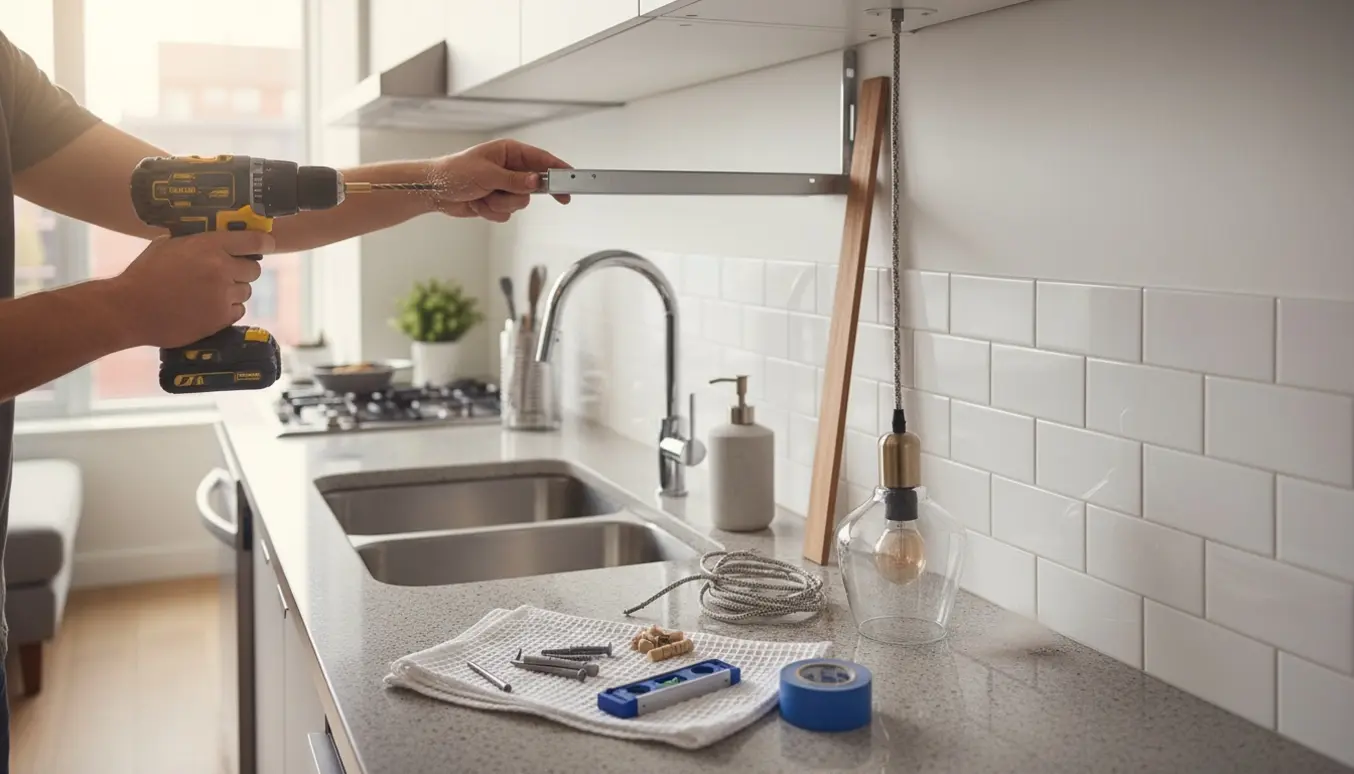 Hænder og værktøj i et køkken, hvor en handyman borer, spænder vandhane og monterer hylde og lampe.
