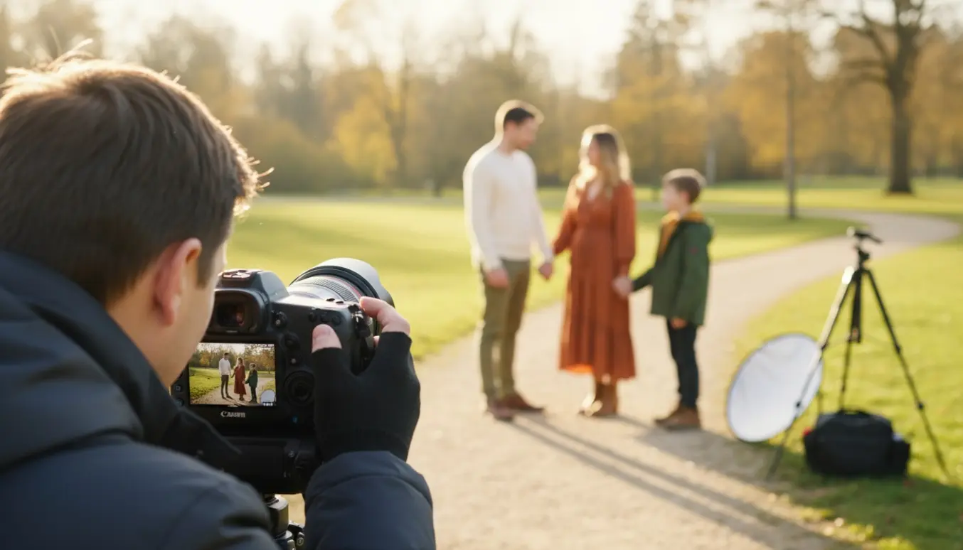 Udendørs familiefotografering i gylden time med fotograf og fire personer i naturlige, afslappede positurer.