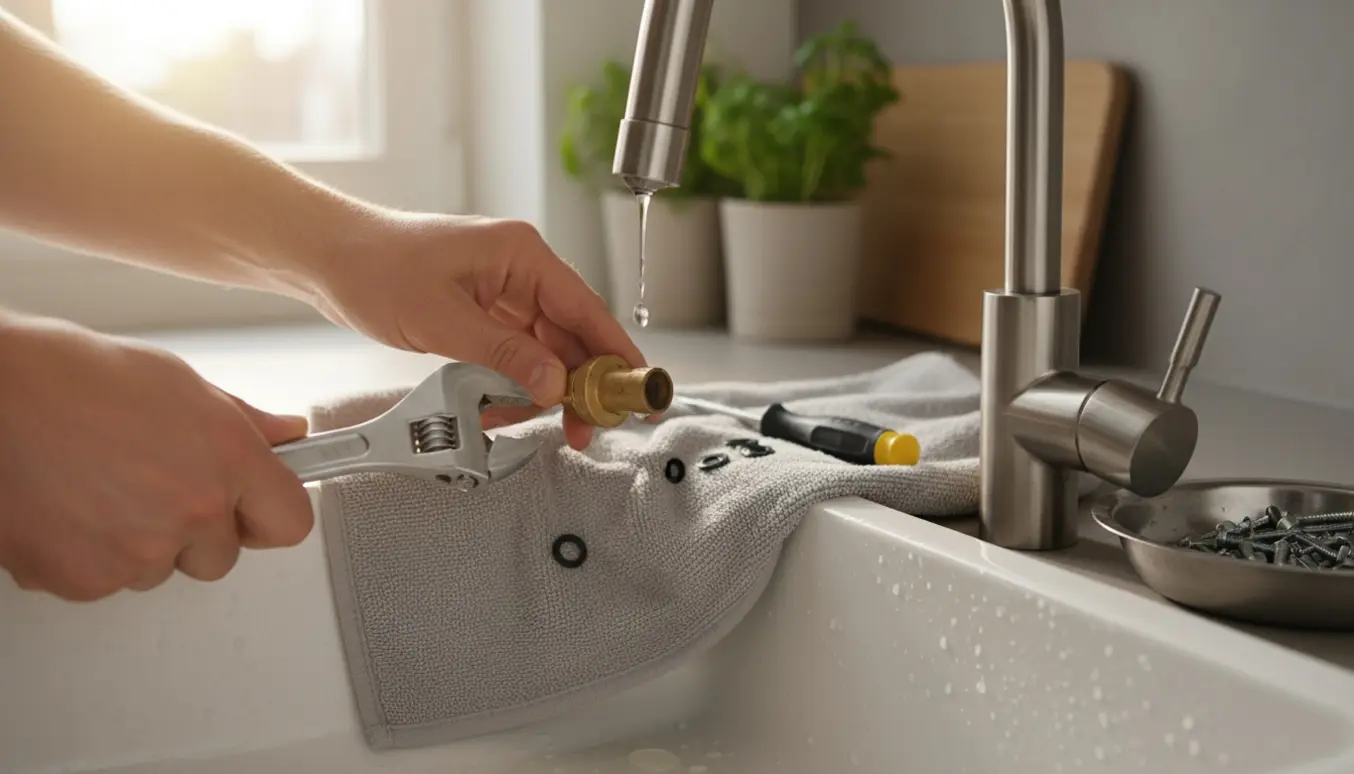 Nærbillede af hænder, der reparerer en dryppende køkkenarmatur med skiftenøgle og reservepakning.