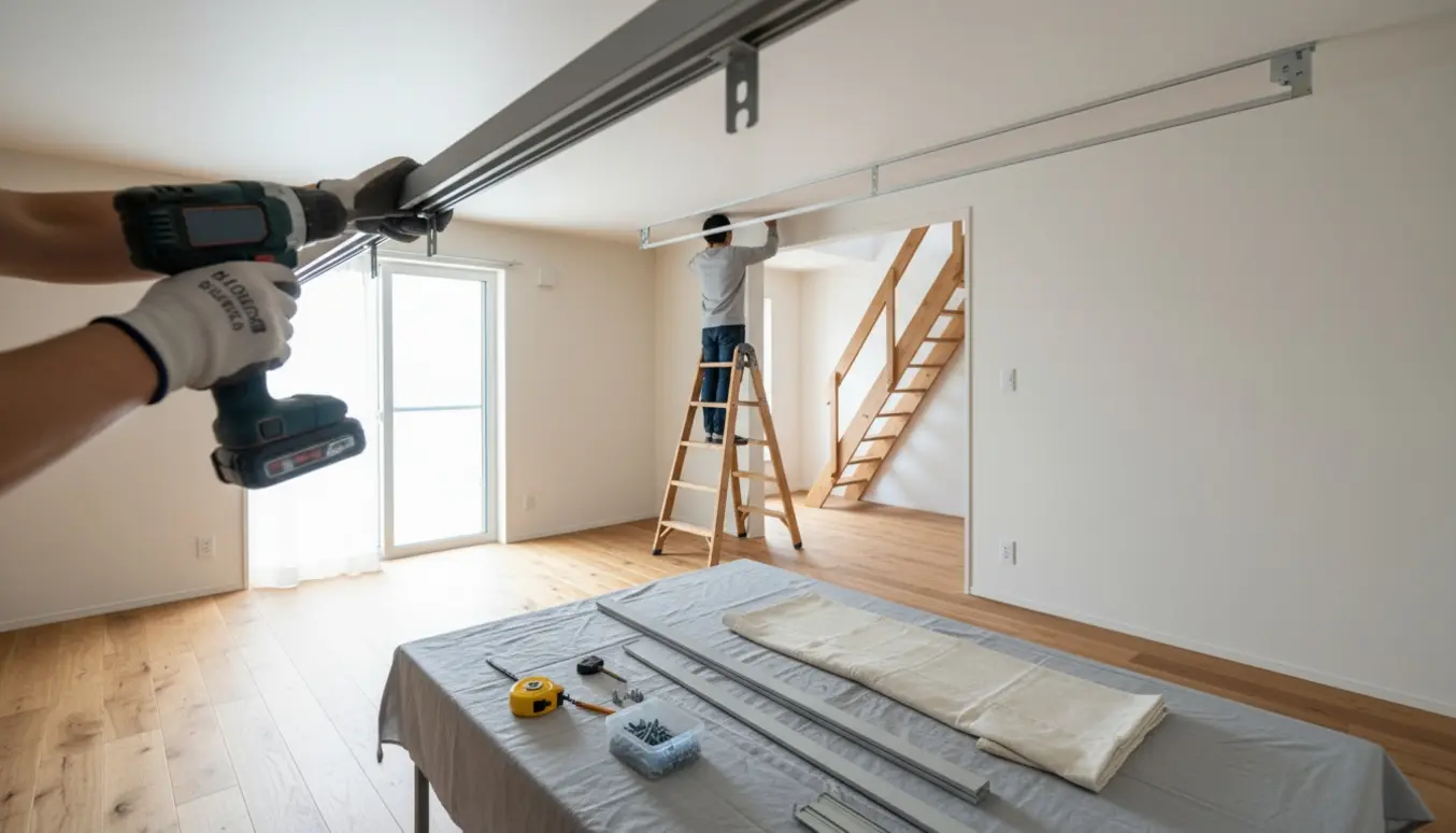 Håndværker monterer loftmonterede gardinskinner i stue og hem med stige og borehammer.