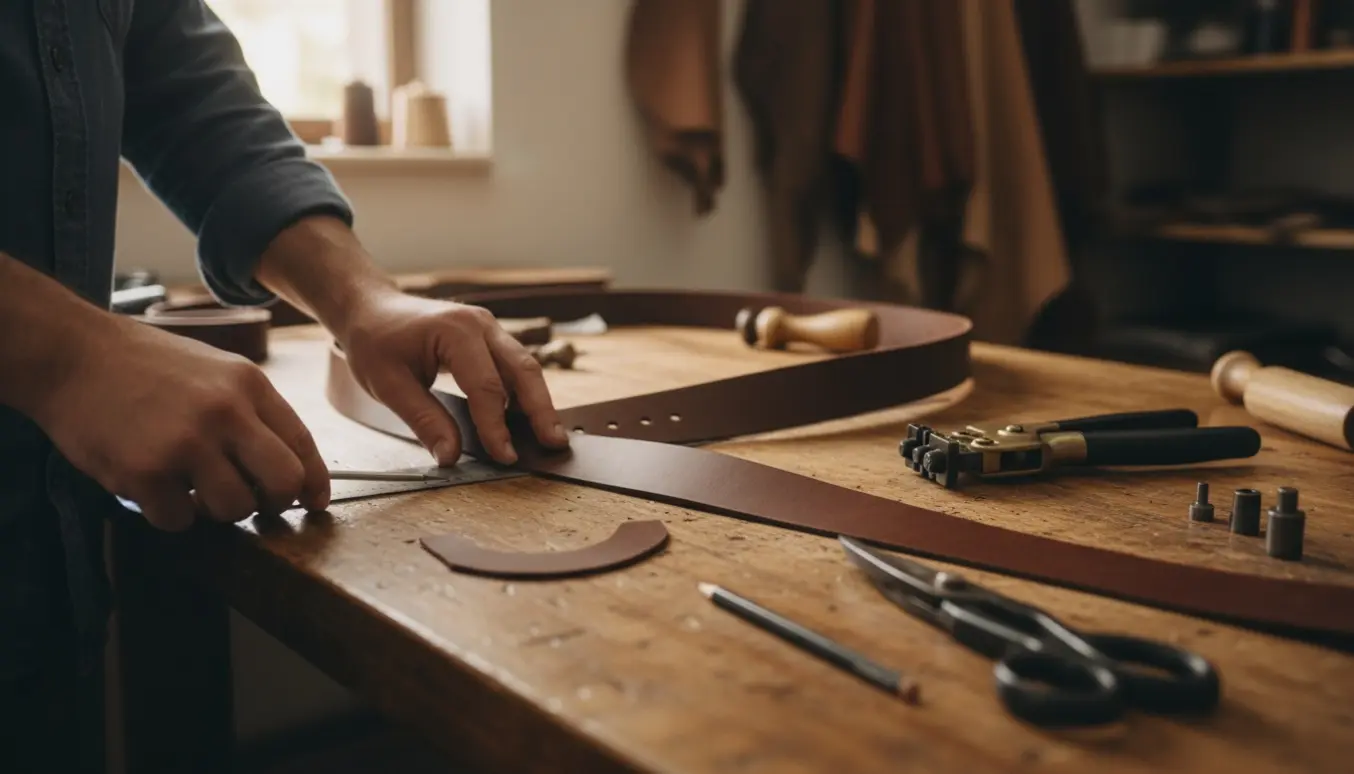Hænder forkorter et læderbælte på et træværksted med hulpunch og sakse.