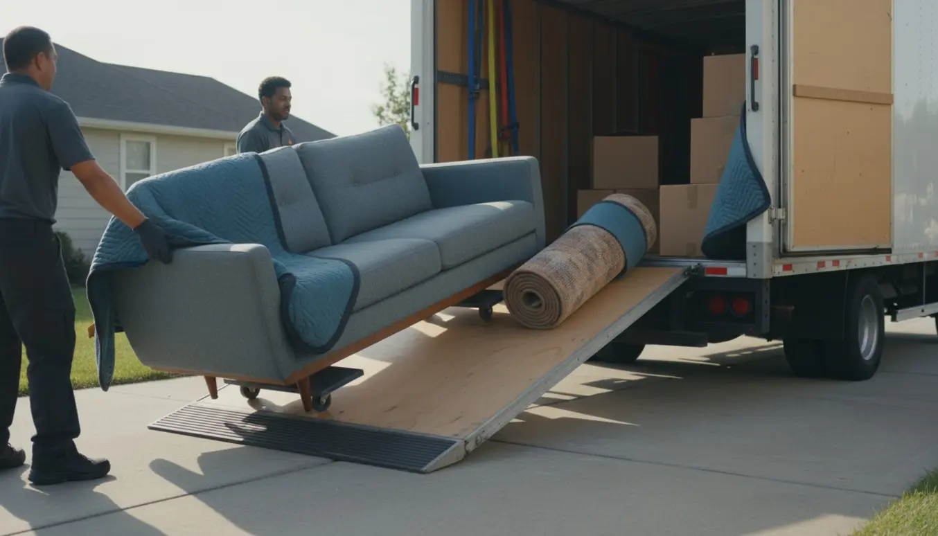 Personer læsser en sofa og et rullet tæppe ind i en flyttebil på en indkørsel.