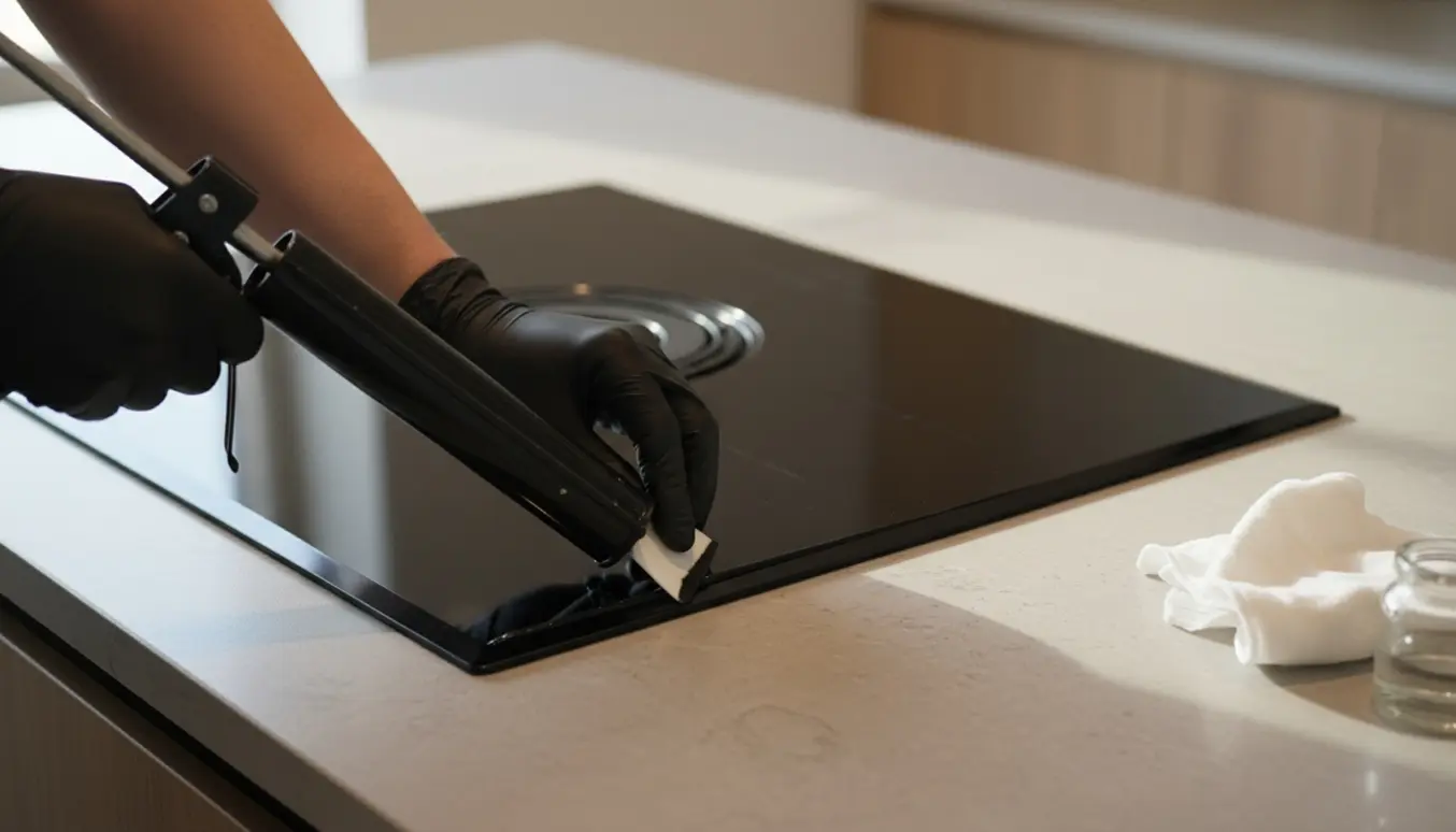 Nærbillede af handskerede hænder, der påfører en sort fuge omkring en planlimet kogeplade i en moderne køkkenbordplade.
