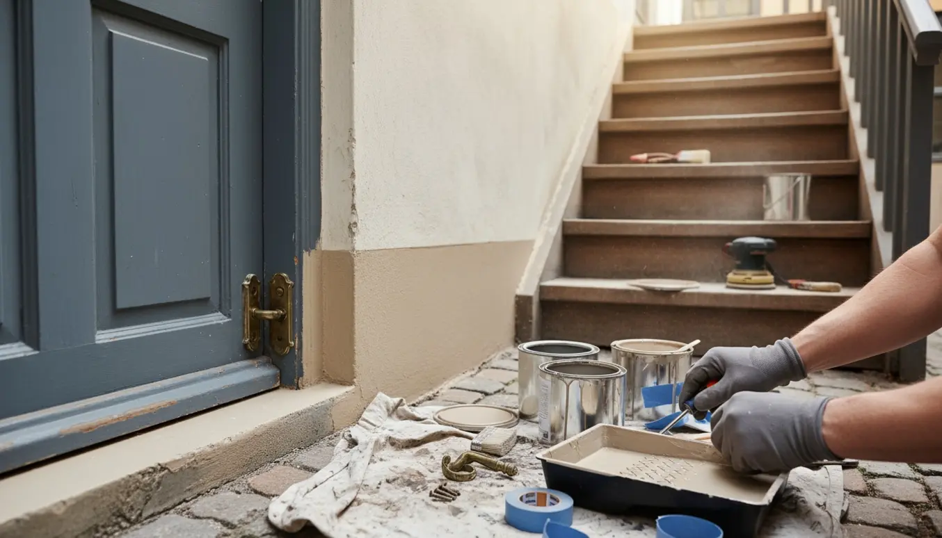 Håndværker strammer et dørhåndtag med værktøj foran malerspande og en delvis slebet bagtrappe i en københavnsk gård.