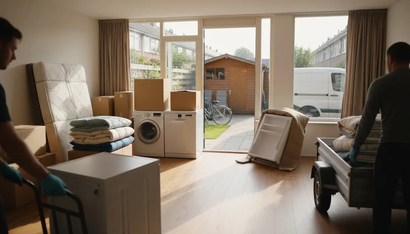 Rydning af dødsbo i rækkehus med møbler, hvidevarer og en flyttevogn på indkørsel.