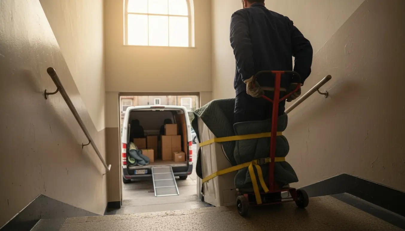 En håndværker fører en indpakket vaskemaskine ned ad en opgang mod en ventende varevogn til storskrald.