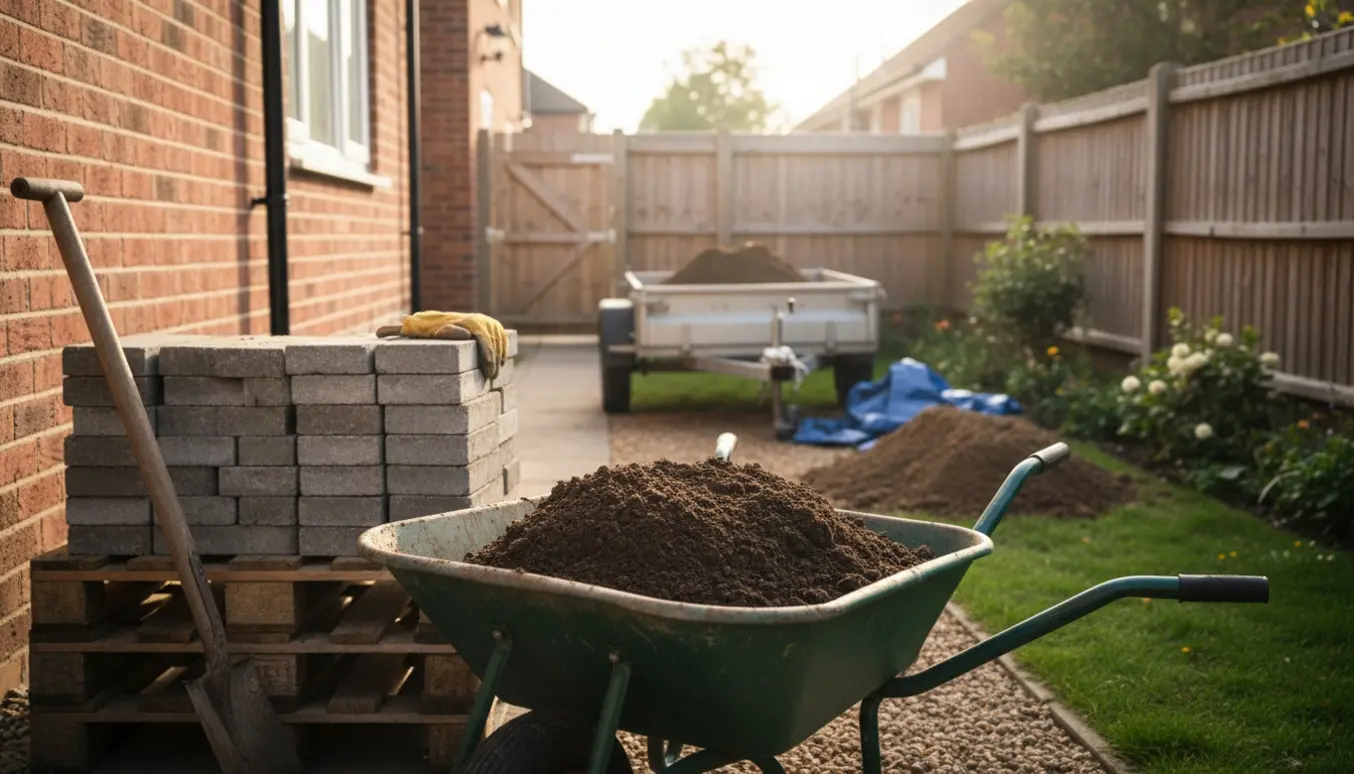 Trillebør og skovl ved en bunke jord og stabler af fliser langs husets smalle side klar til afhentning.