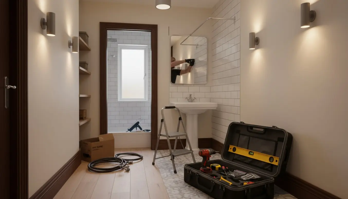 Hænder monterer spejl og lamper i gang og badeværelse med værktøj og stige i billedet.