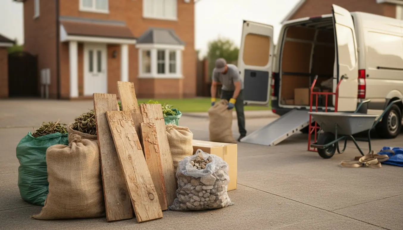 Indkørsel med samlede sække med haveaffald, brædder, pap og sten klar til bortkørsel ved en åben varevogn.